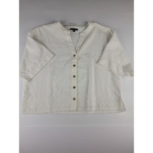 Adrianna Papell White Embroidered Eyelet V Neck Button Up Shirt Top Women's L